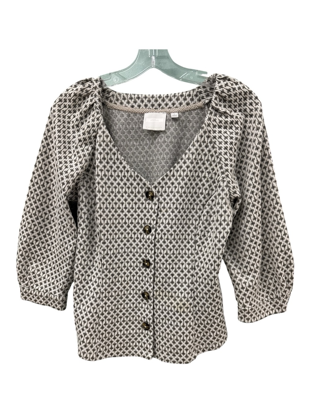 Anthropologie Black & White Puff Sleeve Button-Front Knit Top